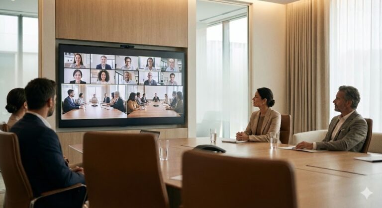 Hybrid events guide showing combined in-person and virtual event setup