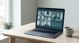 Virtual event platform interface showing online conference and webinar features