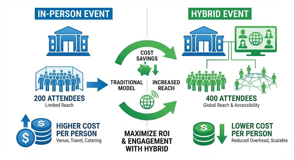 Infographic comparing hybrid and in-person event formats with cost and reach metrics