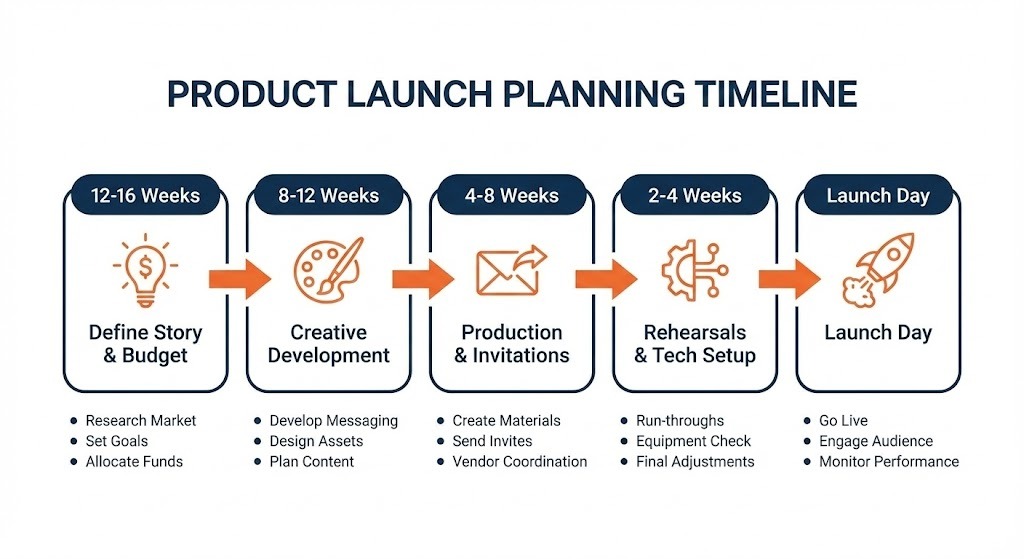 Infographic showing product launch planning timeline from 16 weeks to launch day