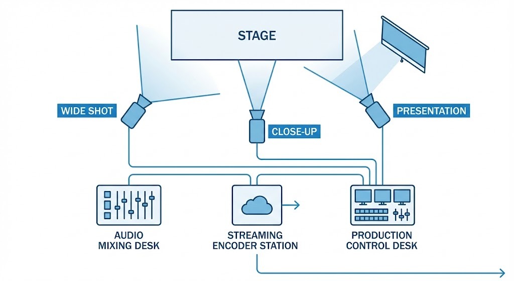 Infographic showing corporate live stream production setup with cameras, audio, and streaming equipment