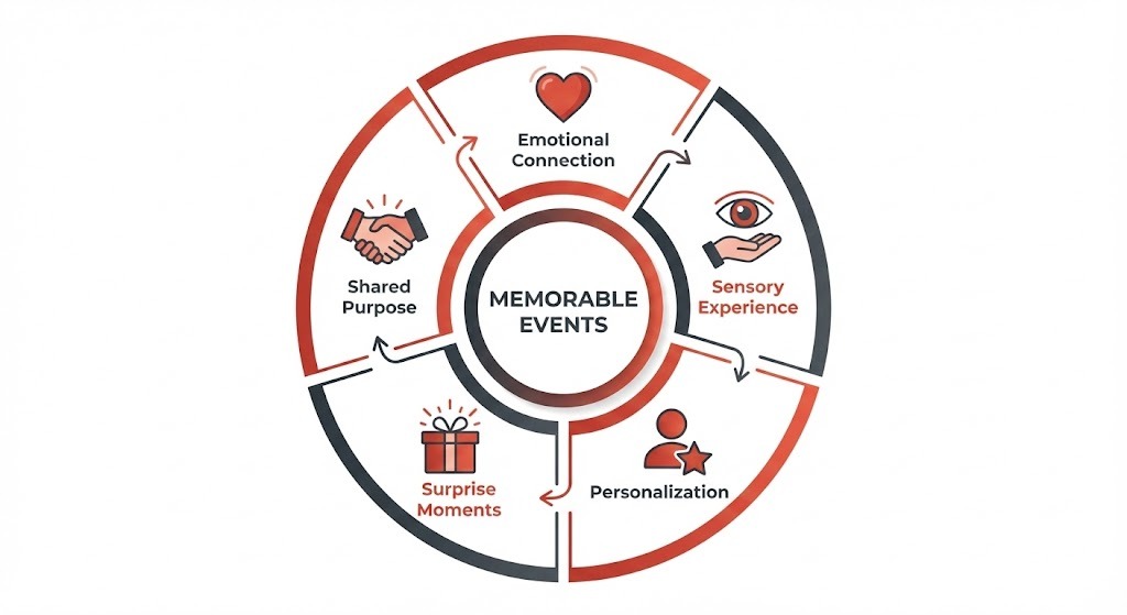 Infographic showing five key elements that make corporate events memorable