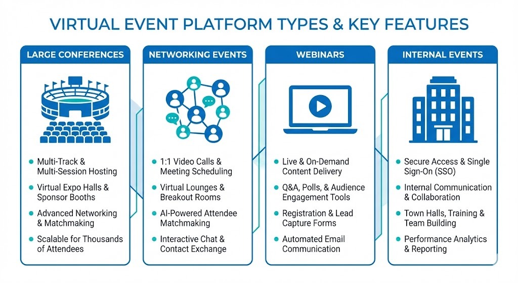 Infographic comparing virtual event platform types for conferences, networking, webinars, and internal events