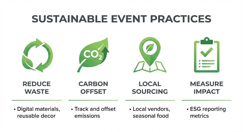 Infographic showing four key sustainable event practices including waste reduction and carbon offset