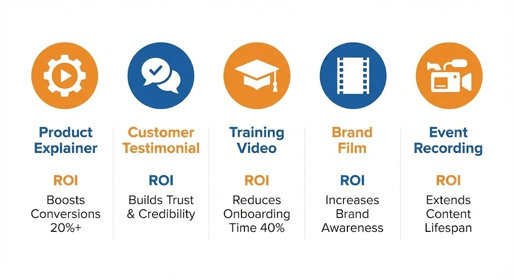 Infographic showing five types of corporate videos with ROI indicators